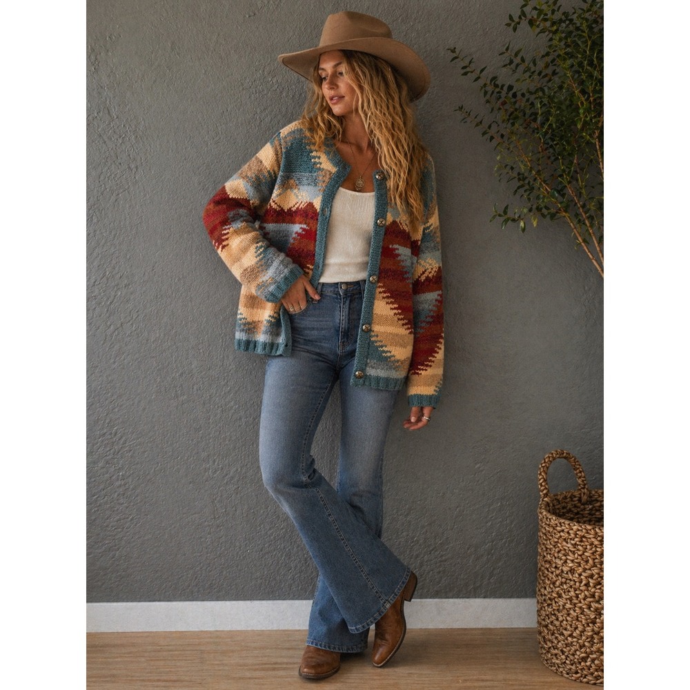 The Territory Ahead Vintage Wool Angora Southwestern Cardigan Sweater Rust Large